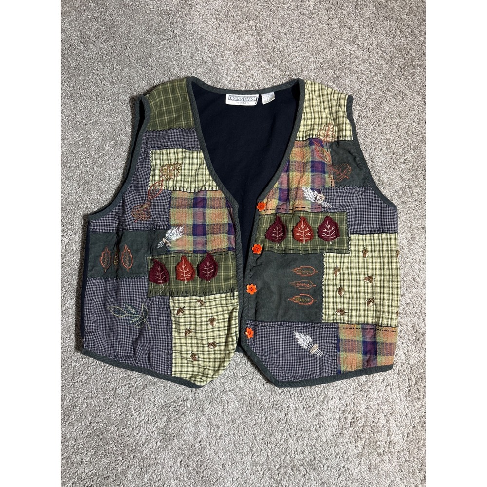 Dress Barn Woman Vintage Patchwork Embroidered Leaf Plaid Corduroy Vest Green 2X